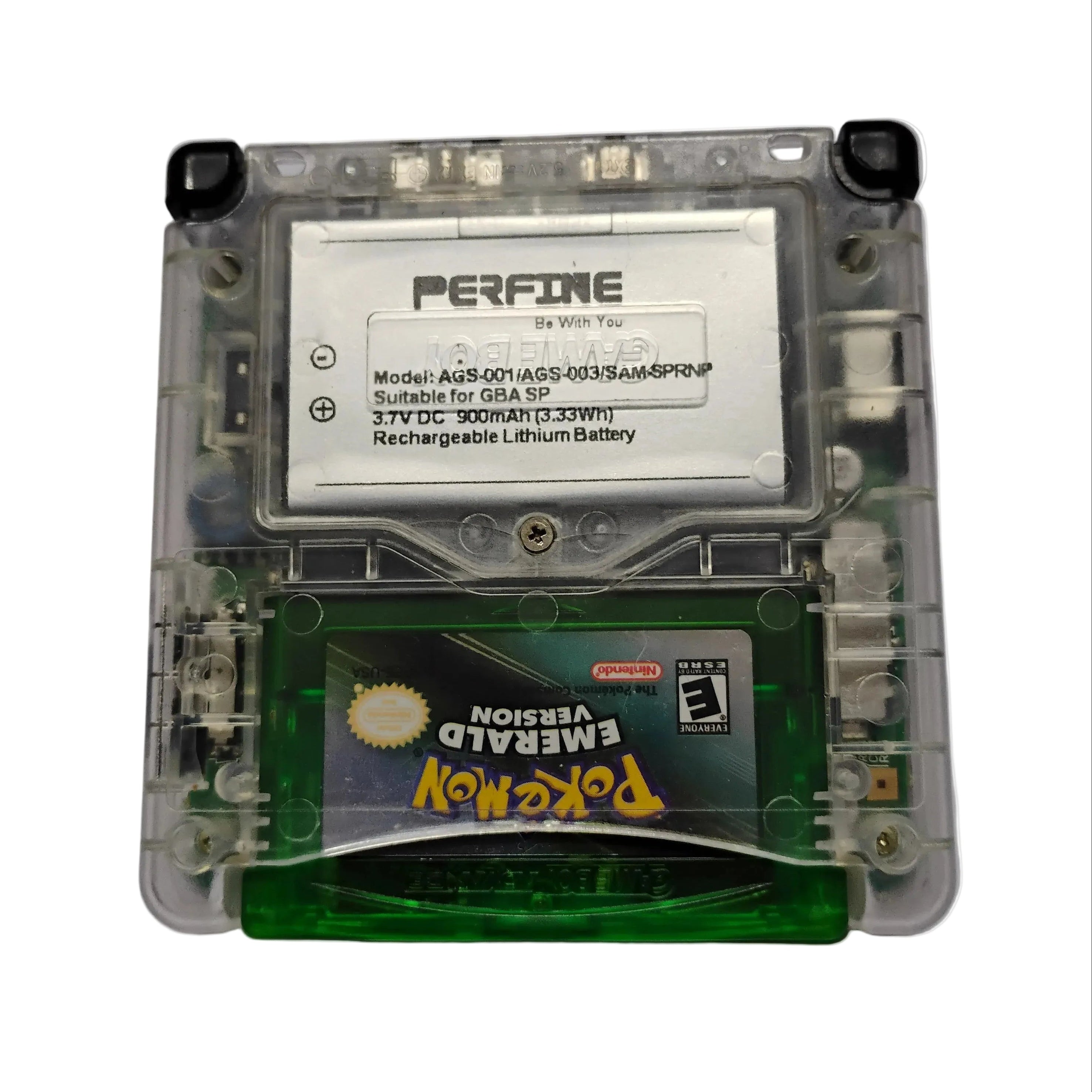 Clear cartridge with battery and 'Pokémon Emerald' game on a white background