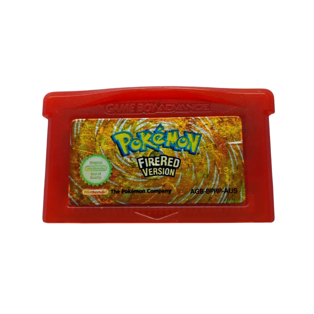 Red Game Boy cartridge case with a Pokémon FireRed Version game inside on a light gray background