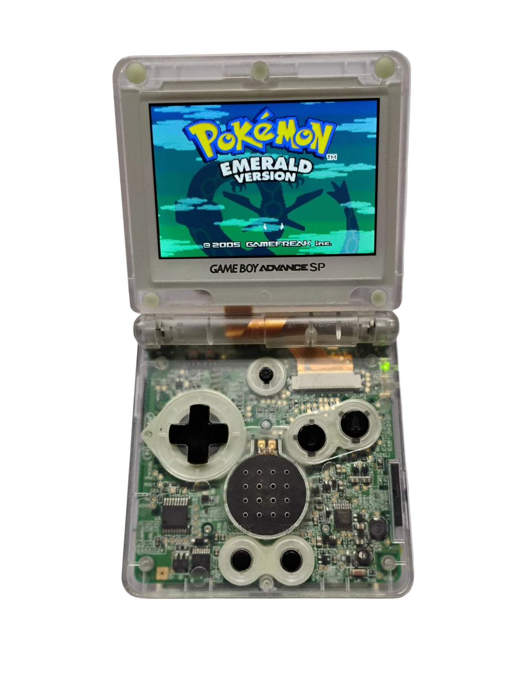 Game Boy Advance SP with a screen displaying 'Pokémon' on a white background