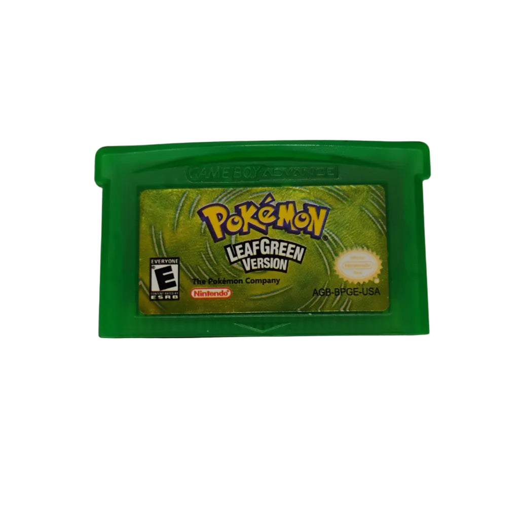 Green Game Boy with 'Pokémon Leaf Green Version' on a gray background