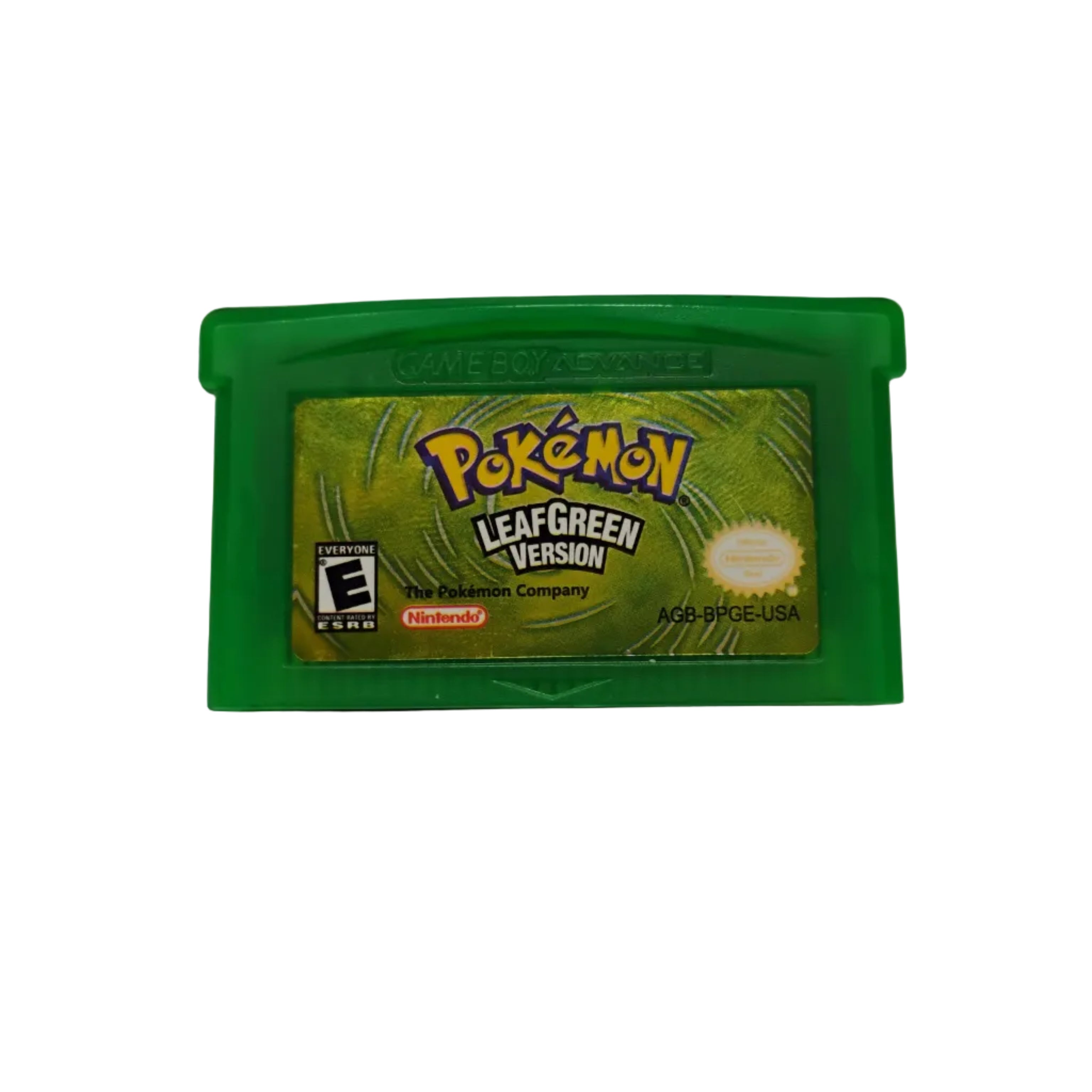 Green Game Boy with 'Pokémon Leaf Green Version' on a gray background