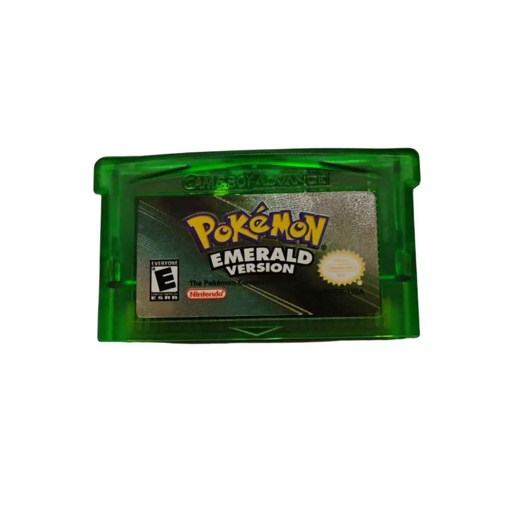 Pokémon Emerald Version game cartridge on a gray background