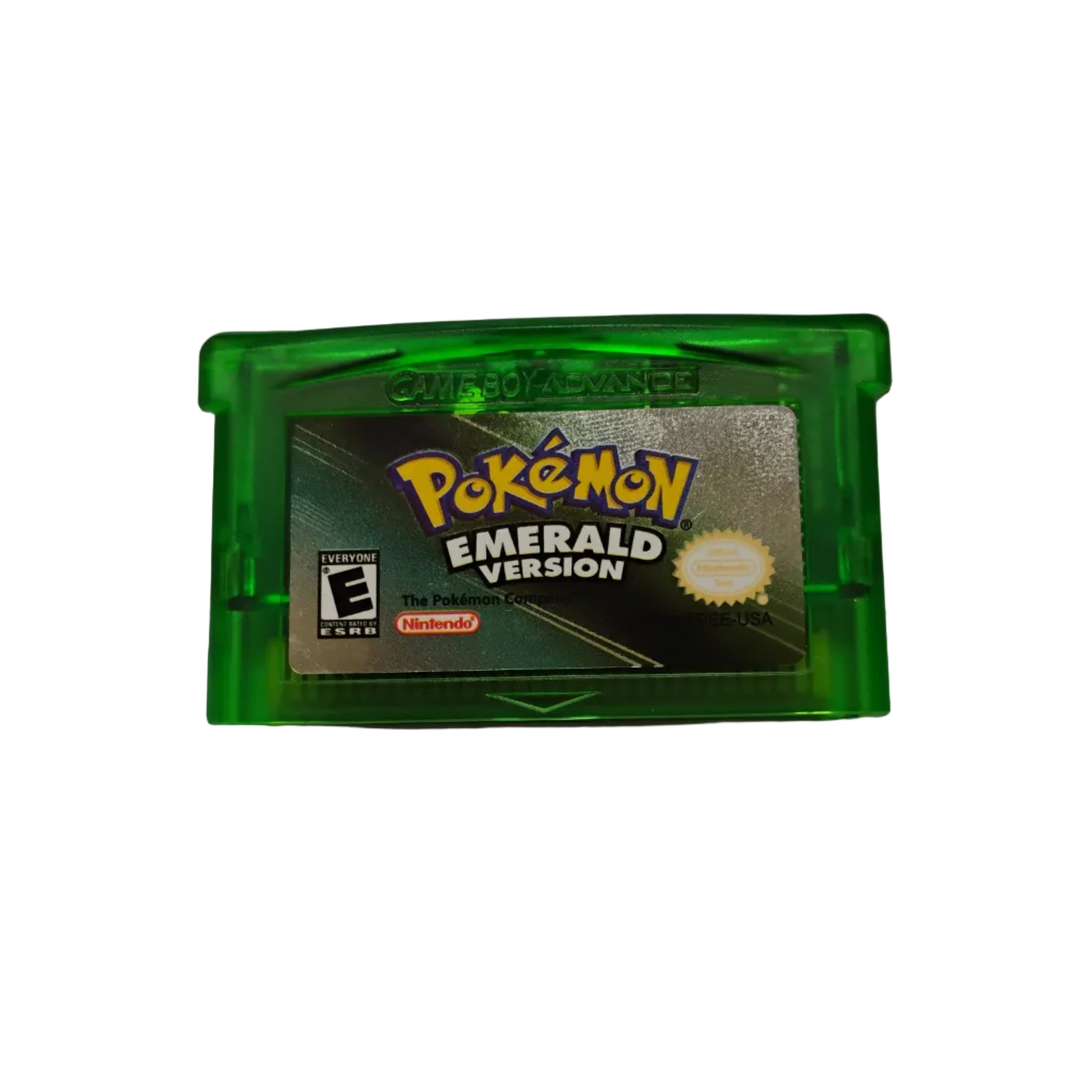 Pokémon Emerald Version game cartridge on a gray background