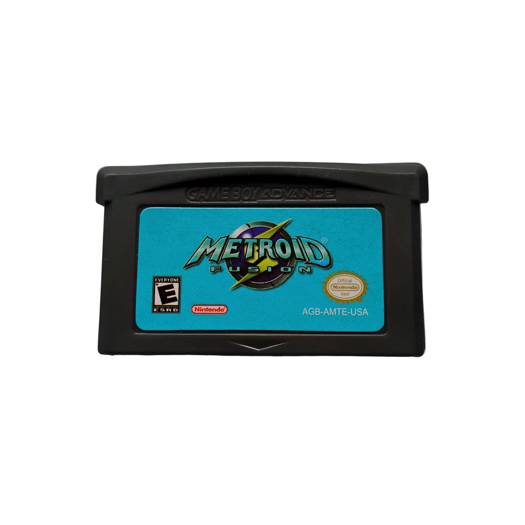 Game cartridge for 'Metroid Fusion' on a light gray background