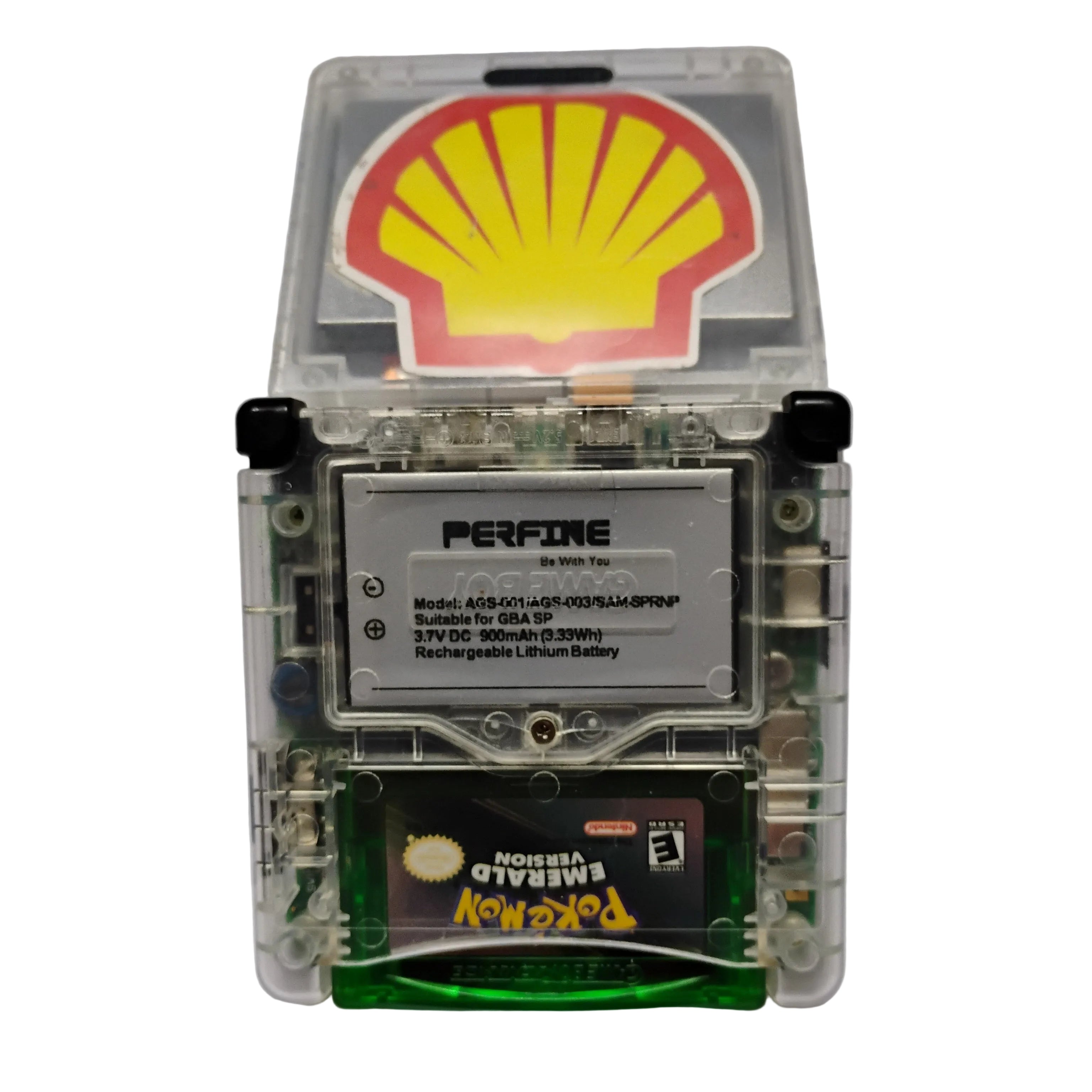 Shell logo on a transparent casing with electronic components on a white background
