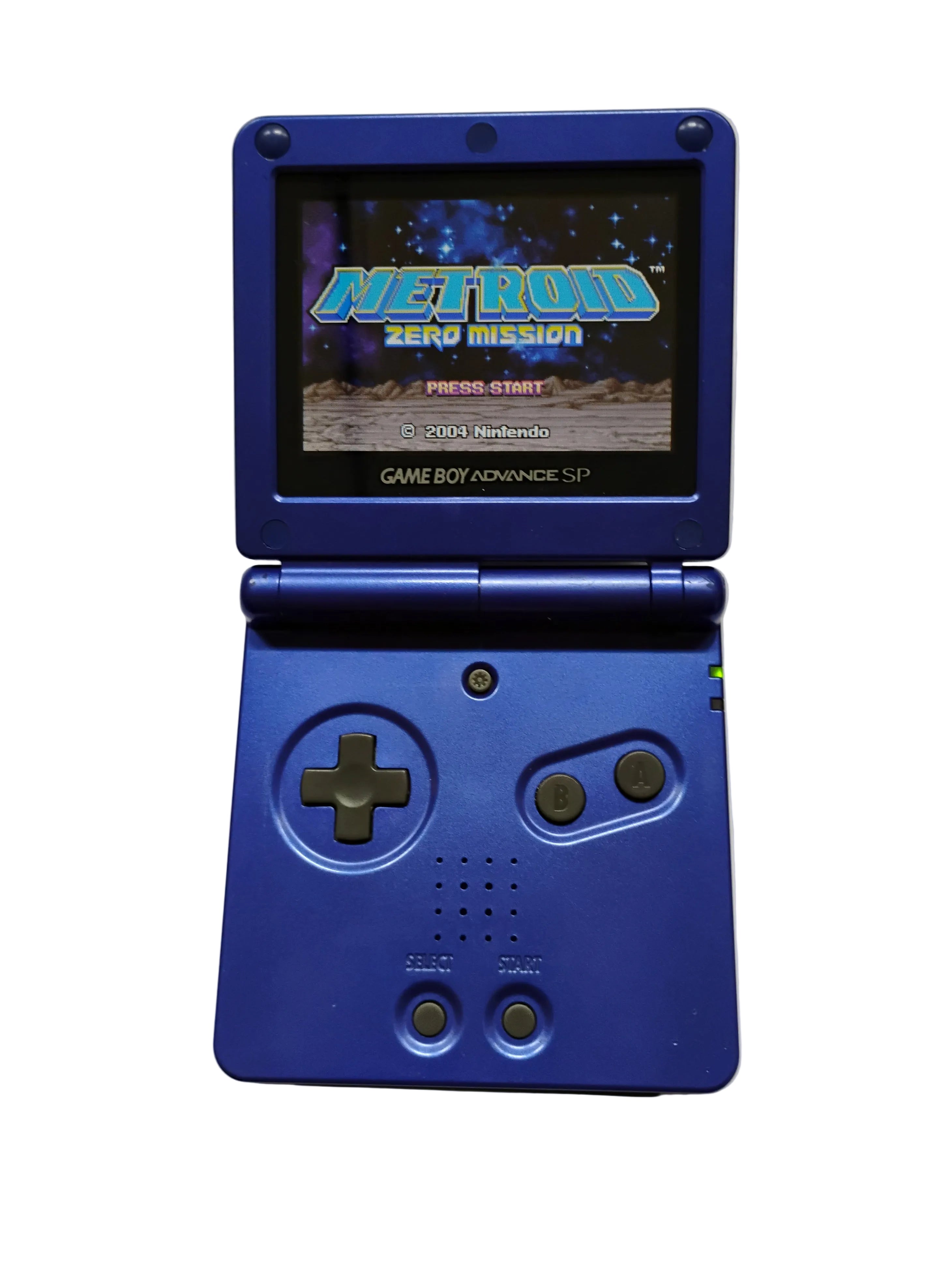 Blue Game Boy Advance SP with a game displayed on the screen, on a white background